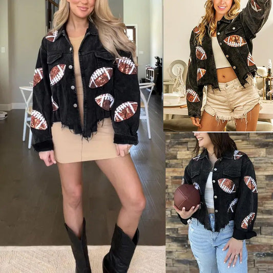Women's Corduroy Jacket with Football Sequin Patch