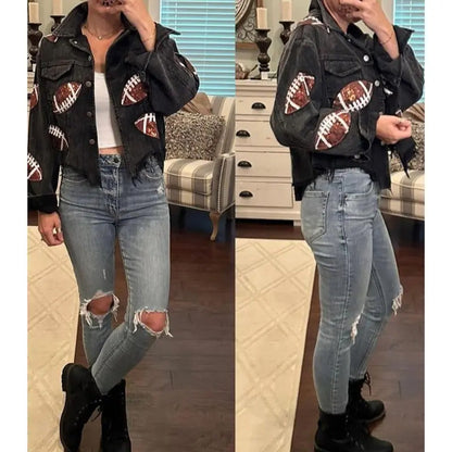 Women's Corduroy Jacket with Football Sequin Patch